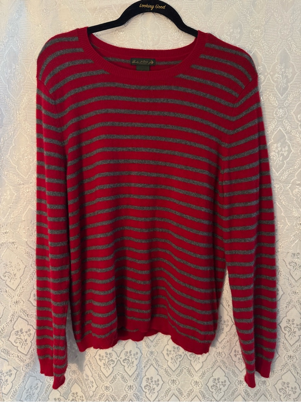 Men's Red and Gray Striped Crewneck Sweater